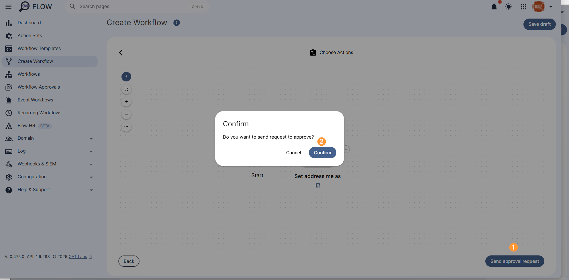"Send approval request" button and "Confirm" button are displayed.