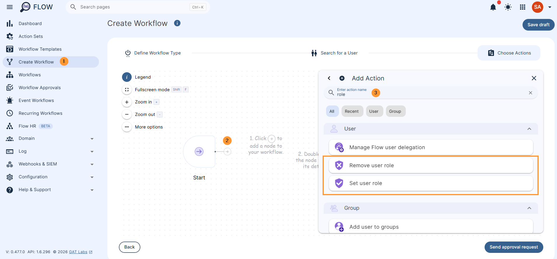 Search for the actions and select them

User > Set user role
Users > Remove user role