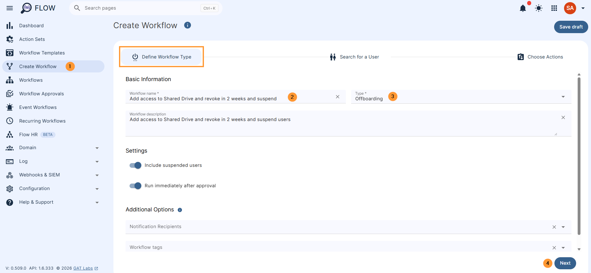 Name - enter a name for the workflow
Description (optional) - enter a description for the workflow
Type of workflow - Offboard
Modify and Onboard can also be selected
Next - click to proceed and select the users