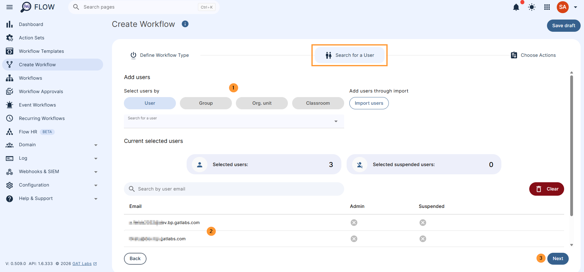 In the next step, Search for a user - search for the user (or users) you'd like to set the forwarding for.
Enter the users individually, by group, or as part of an Org. Unit, or import them directly via spreadsheet.
Next - click to proceed and take actions on the chosen users