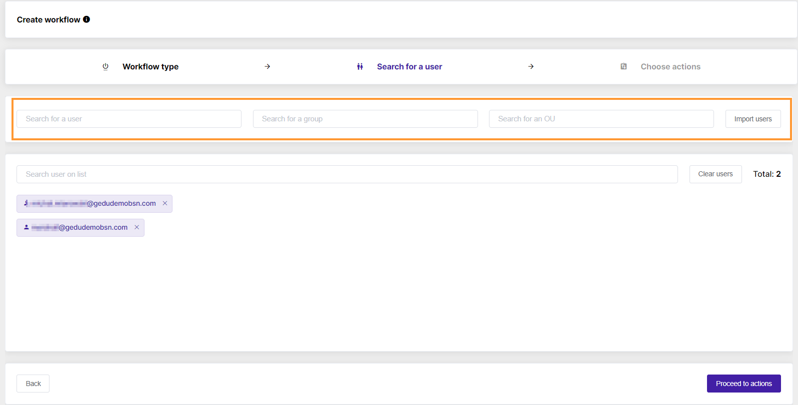 screenshot of Step 3 to search for users, OU, group or to import users