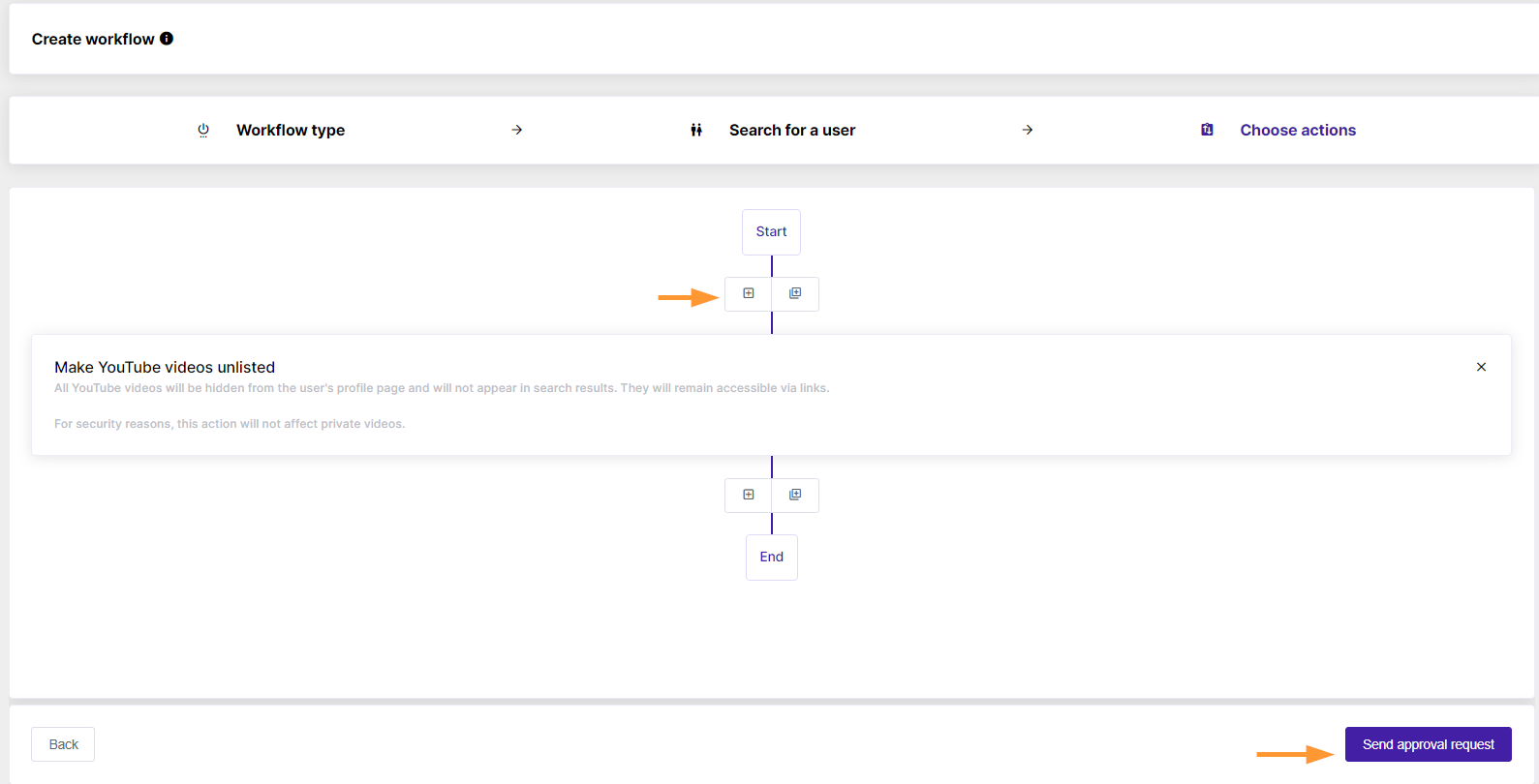 Screenshot of step 3 in gat flow to create the workflow to unlist videos