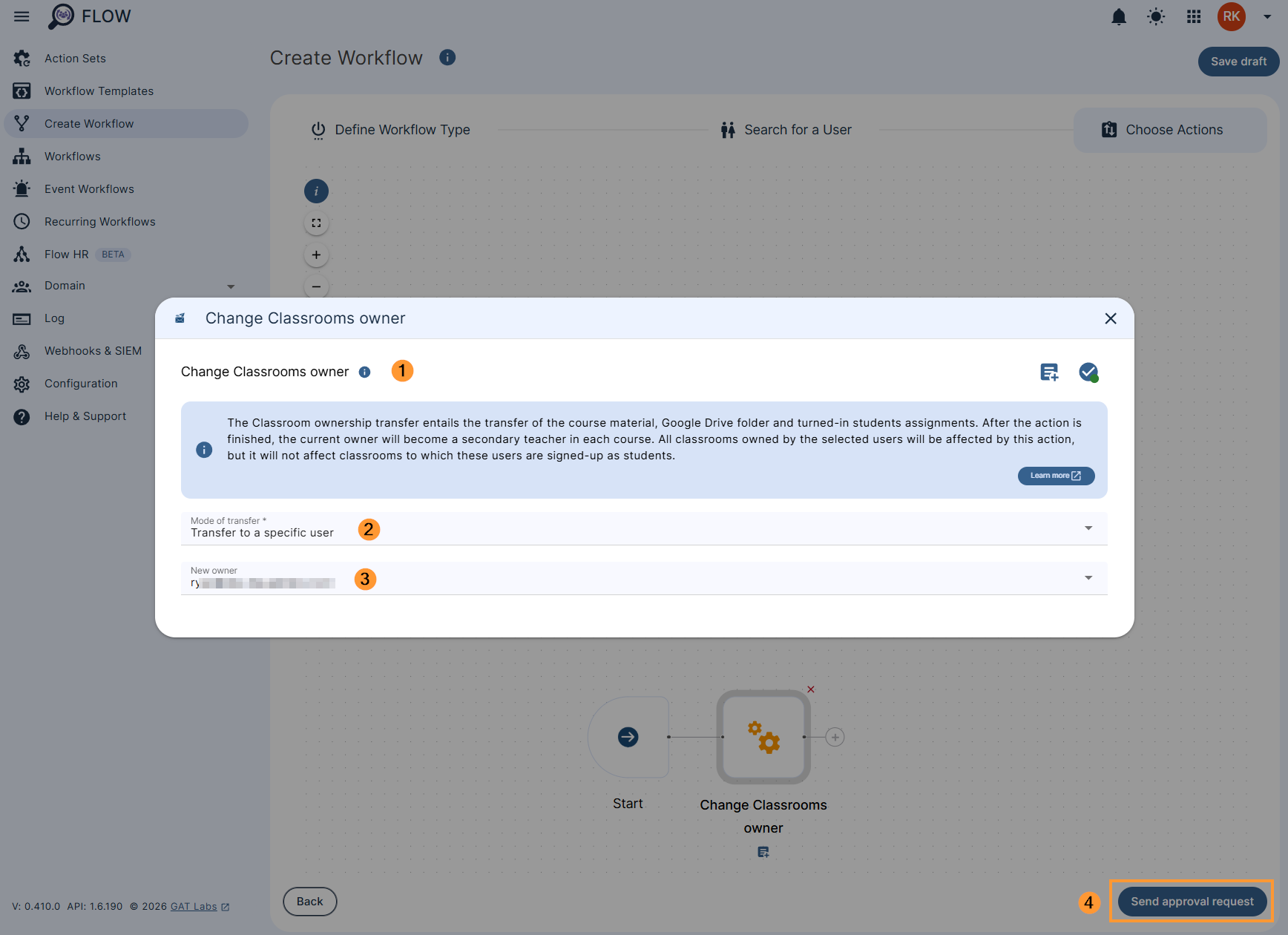 Change Classrooms owner action to a specific user