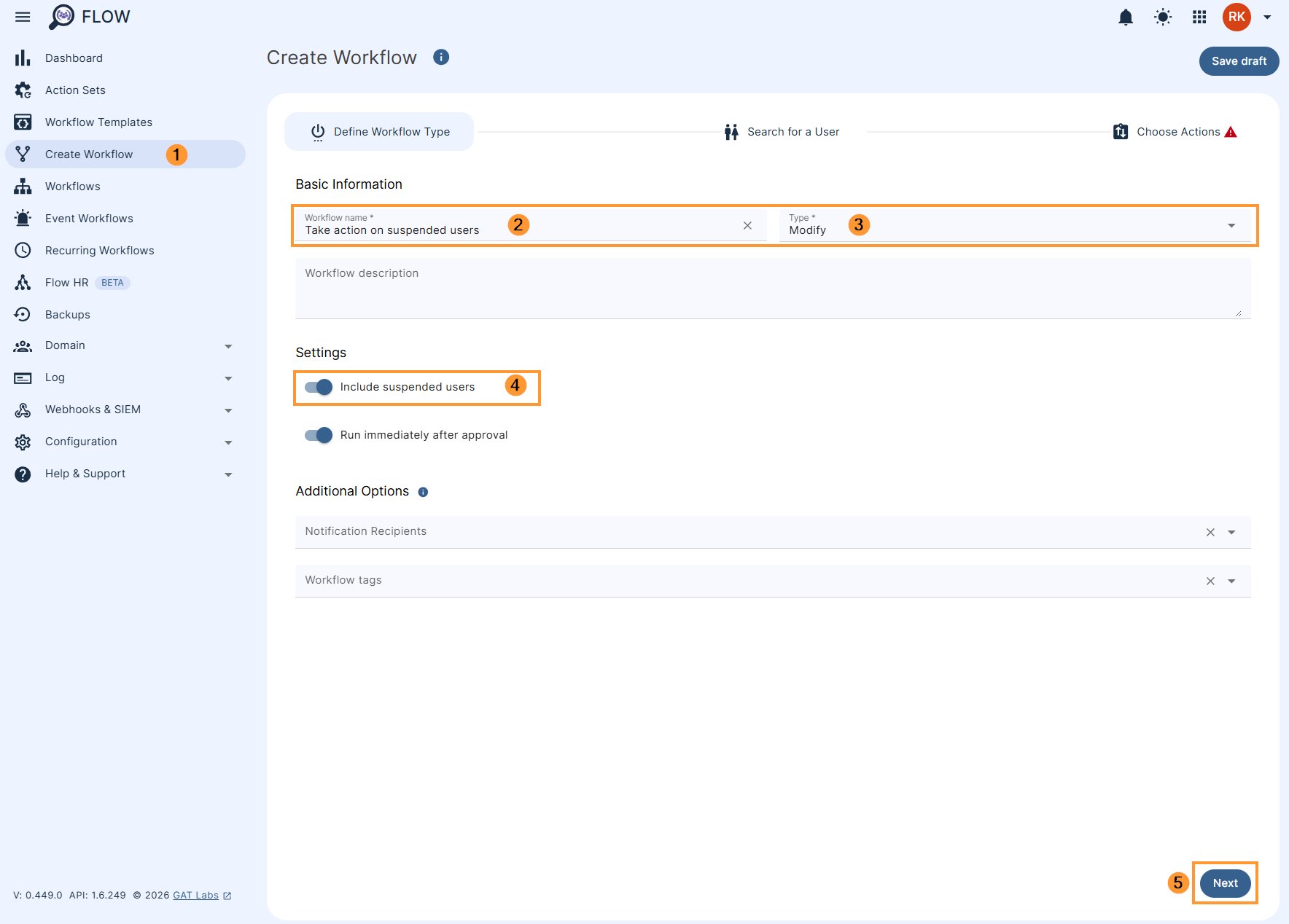Toggle button on create workflow screen to include suspended users