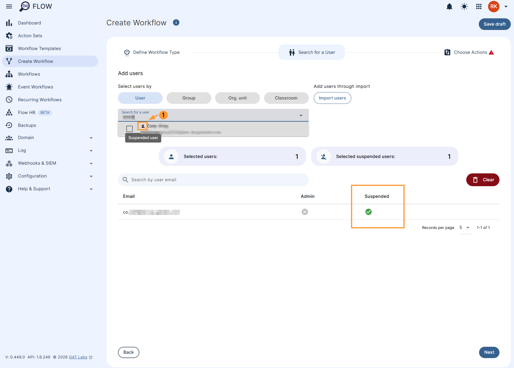 screen showing how to identify suspended users from the users list