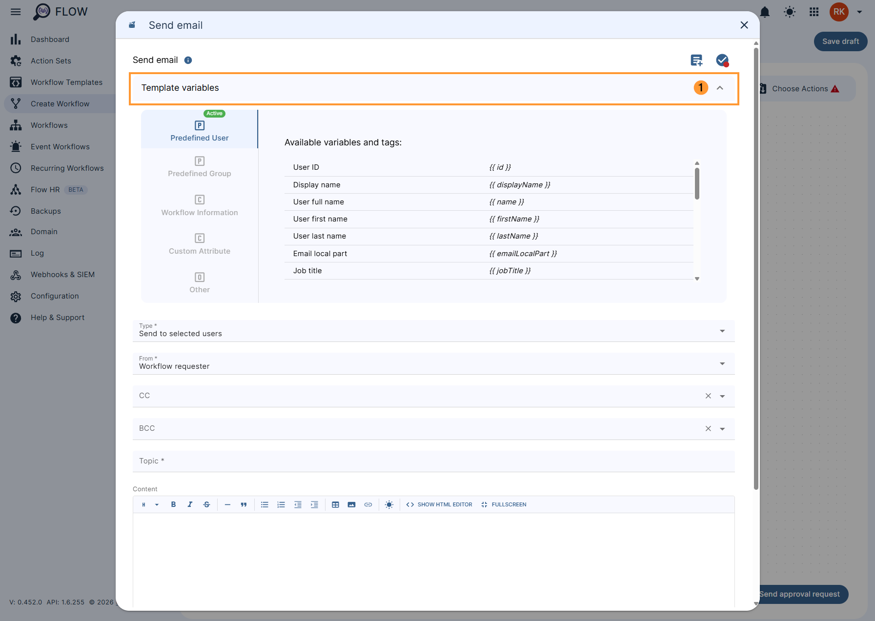 Configuring the 'Send email' action settings in a workflow
