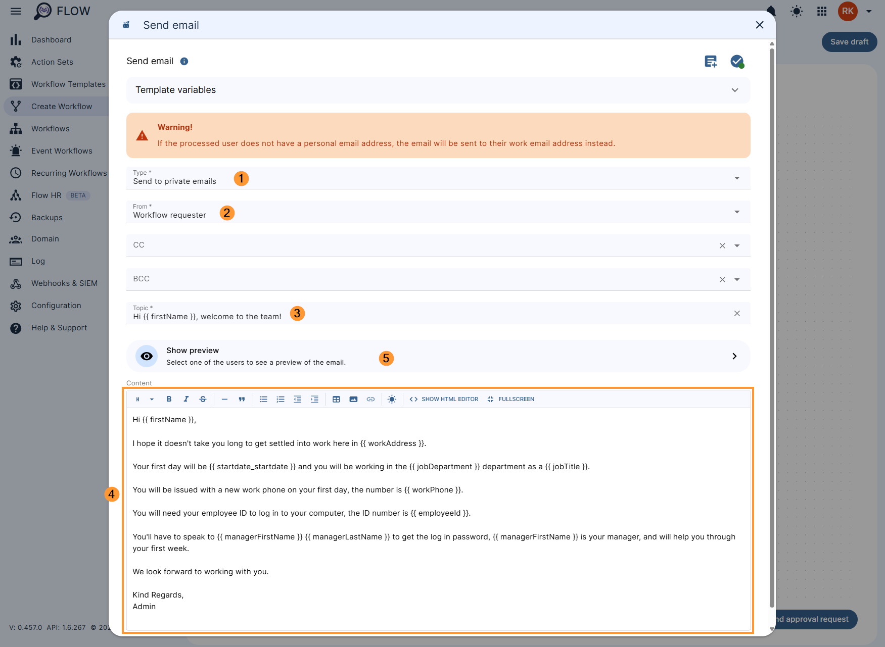 Configuring the 'Send email' action settings in a workflow