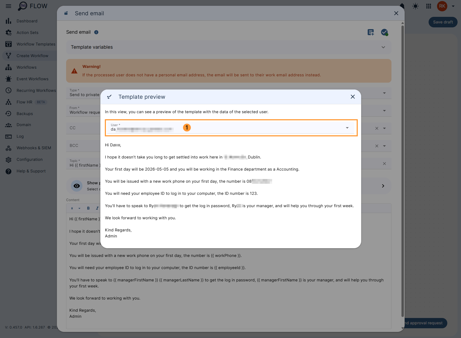 Previewing the 'send email' content when populated with a user's details.