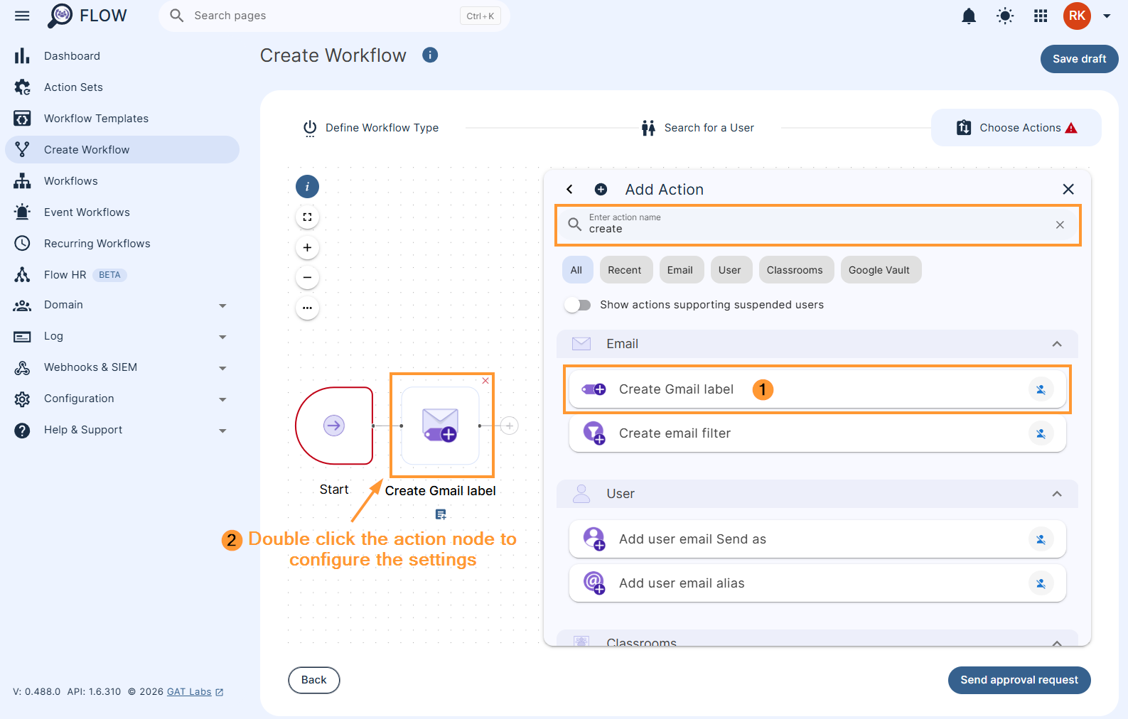 Adding the 'Create Gmail label' action to a workflow
