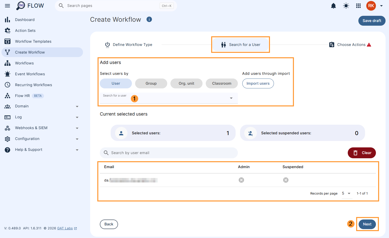 Screen showing the next step to select the users to make changes