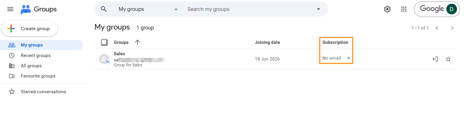 Email screenshot of the 'my groups' after the changes