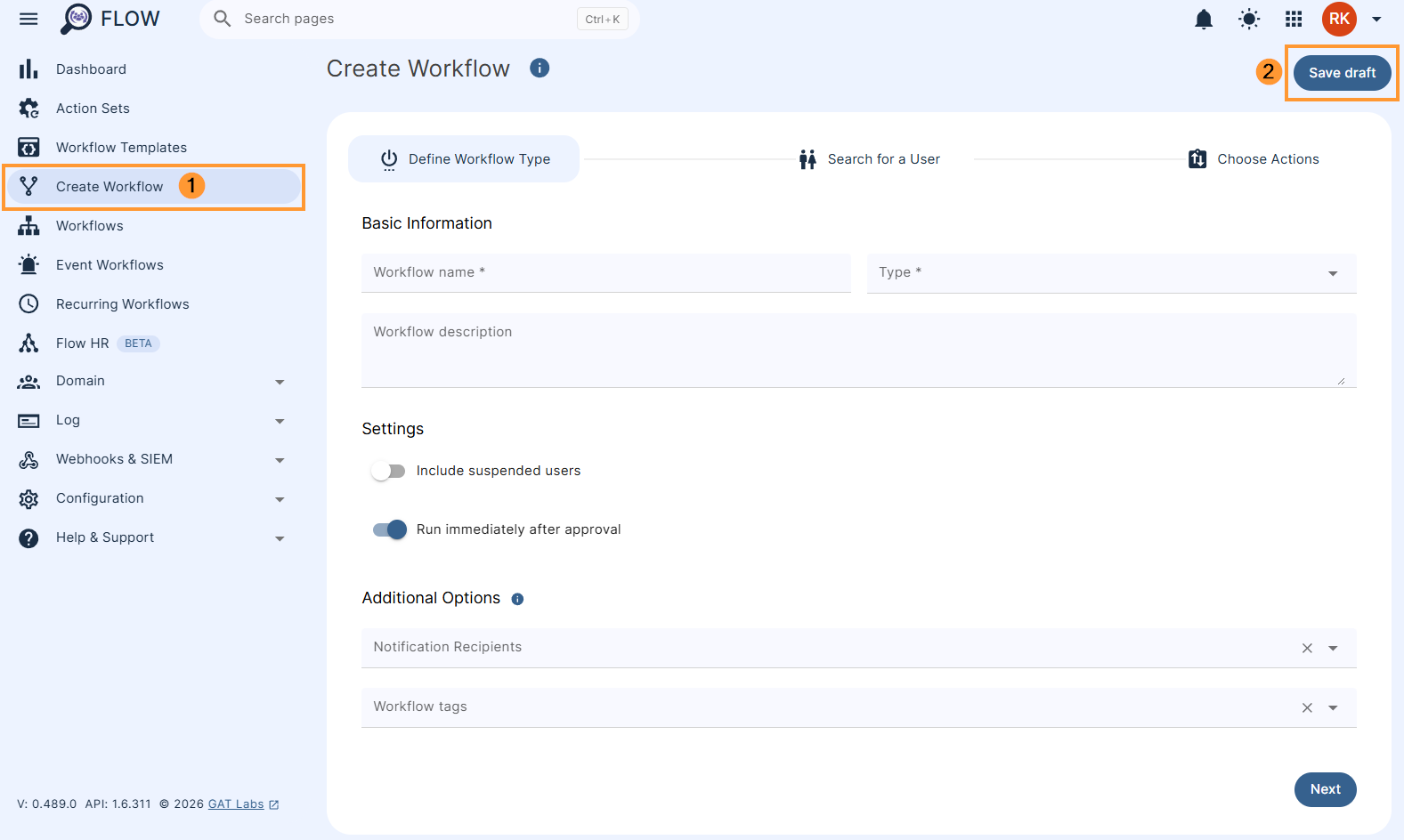 Save Draft buttons in Create Workflow window in GAT Tool