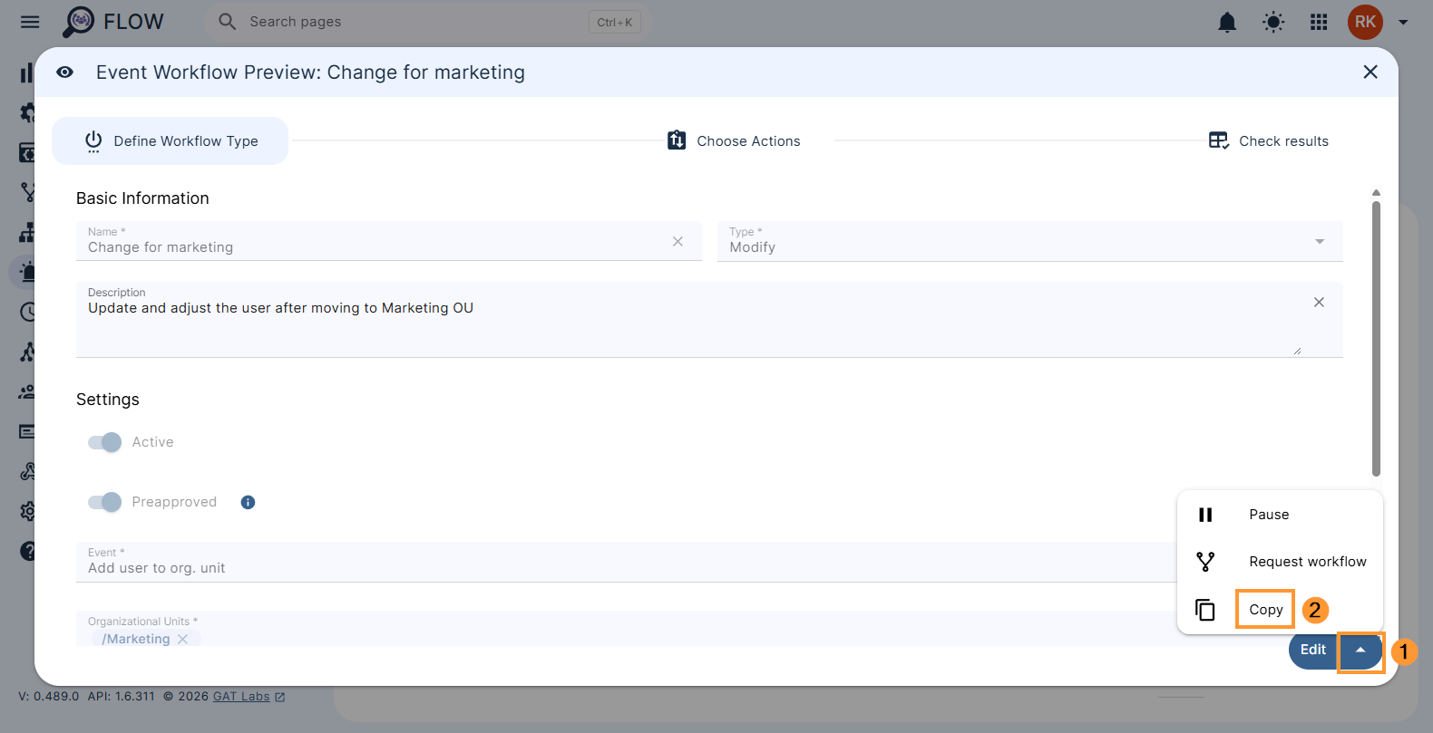 Copy buttons to copy Existing event workflow opened after clicking eye icon