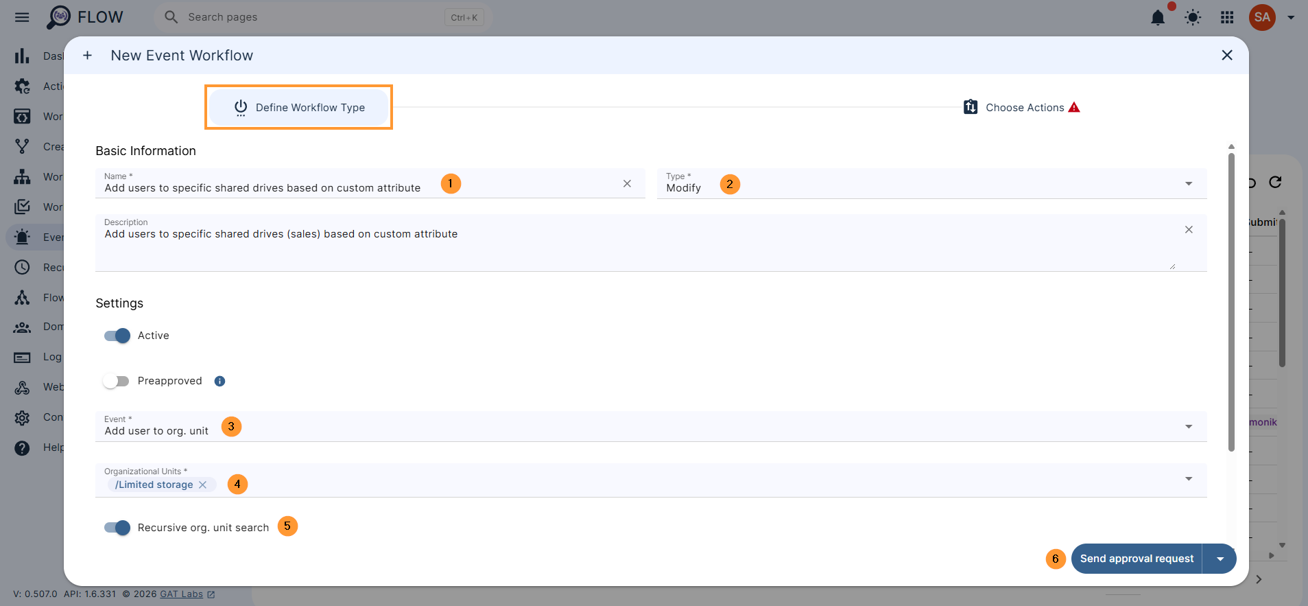 Navigate to Flow > Event workflow > Create new event workflow.