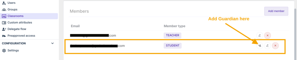 members section in the classroom with arrow pinting to icon to click to continue adding guardian
