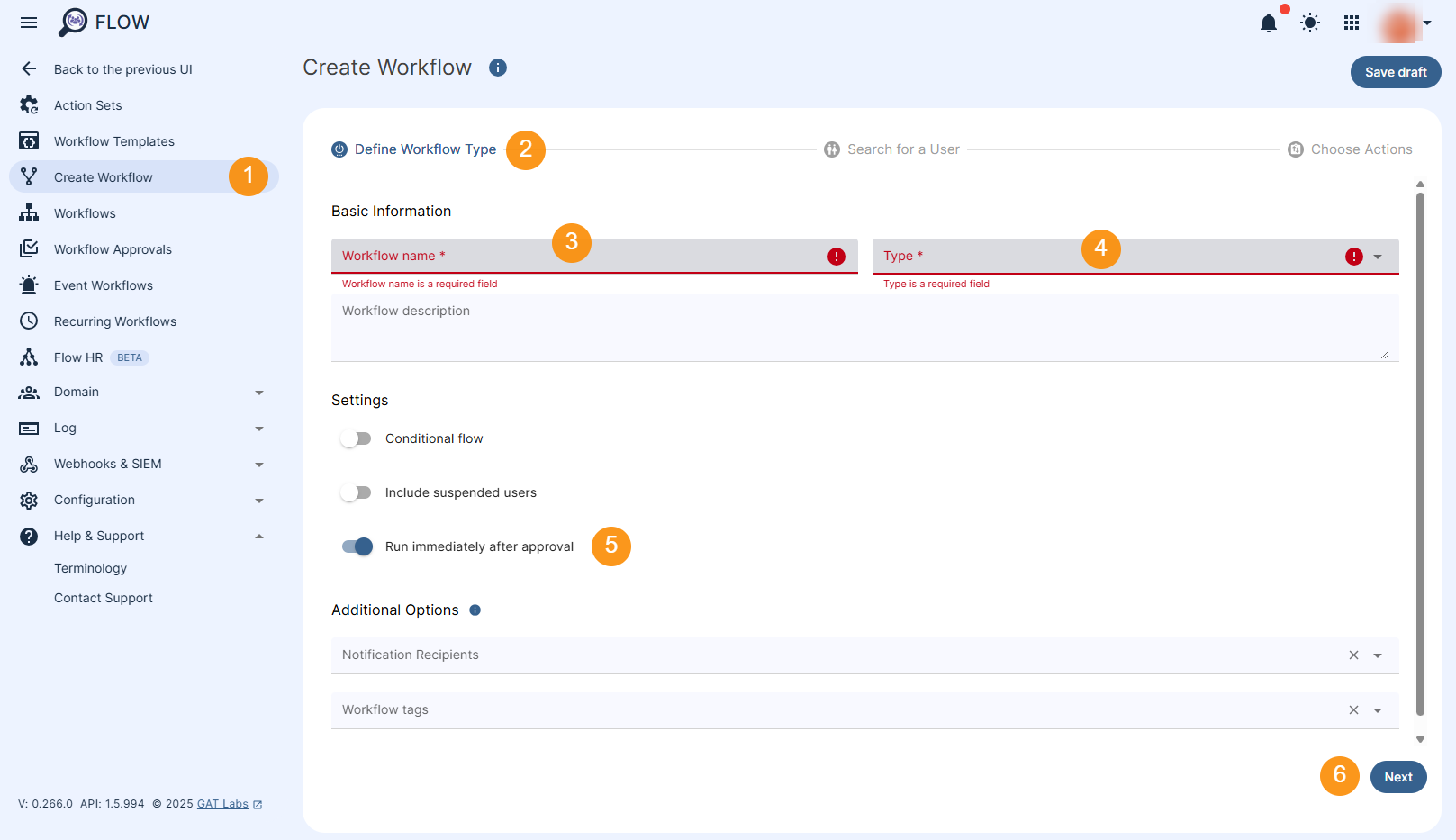 Create workflow section that allows defining the workflow type and starting the workflow configuration.