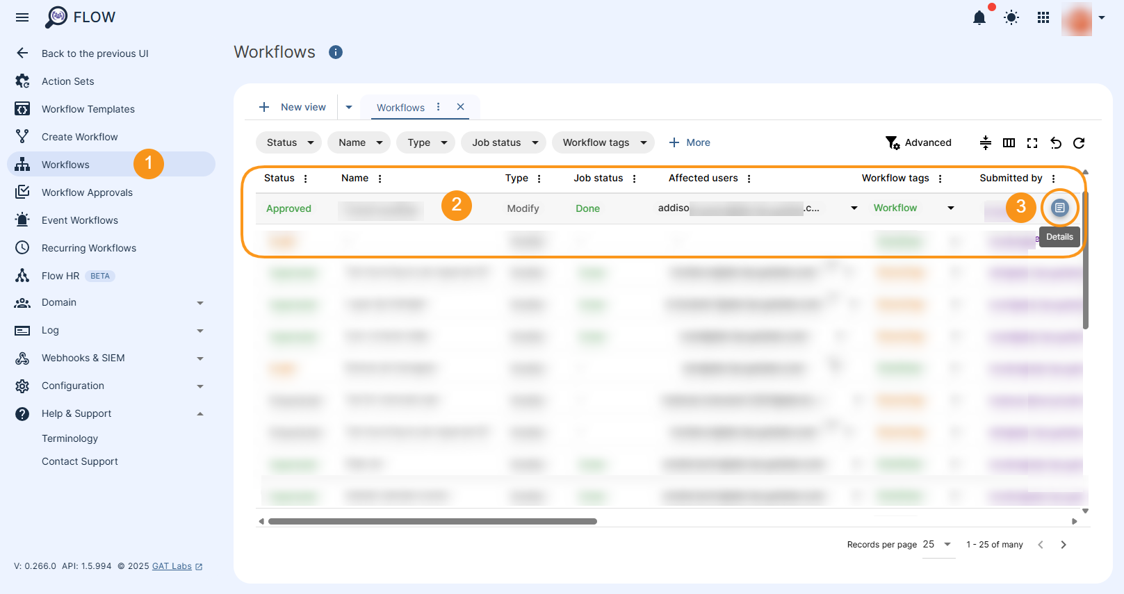 Workflows section showing the Workflow Status and Job Status of all the workflows. The Details button next to each workflow allows their review.