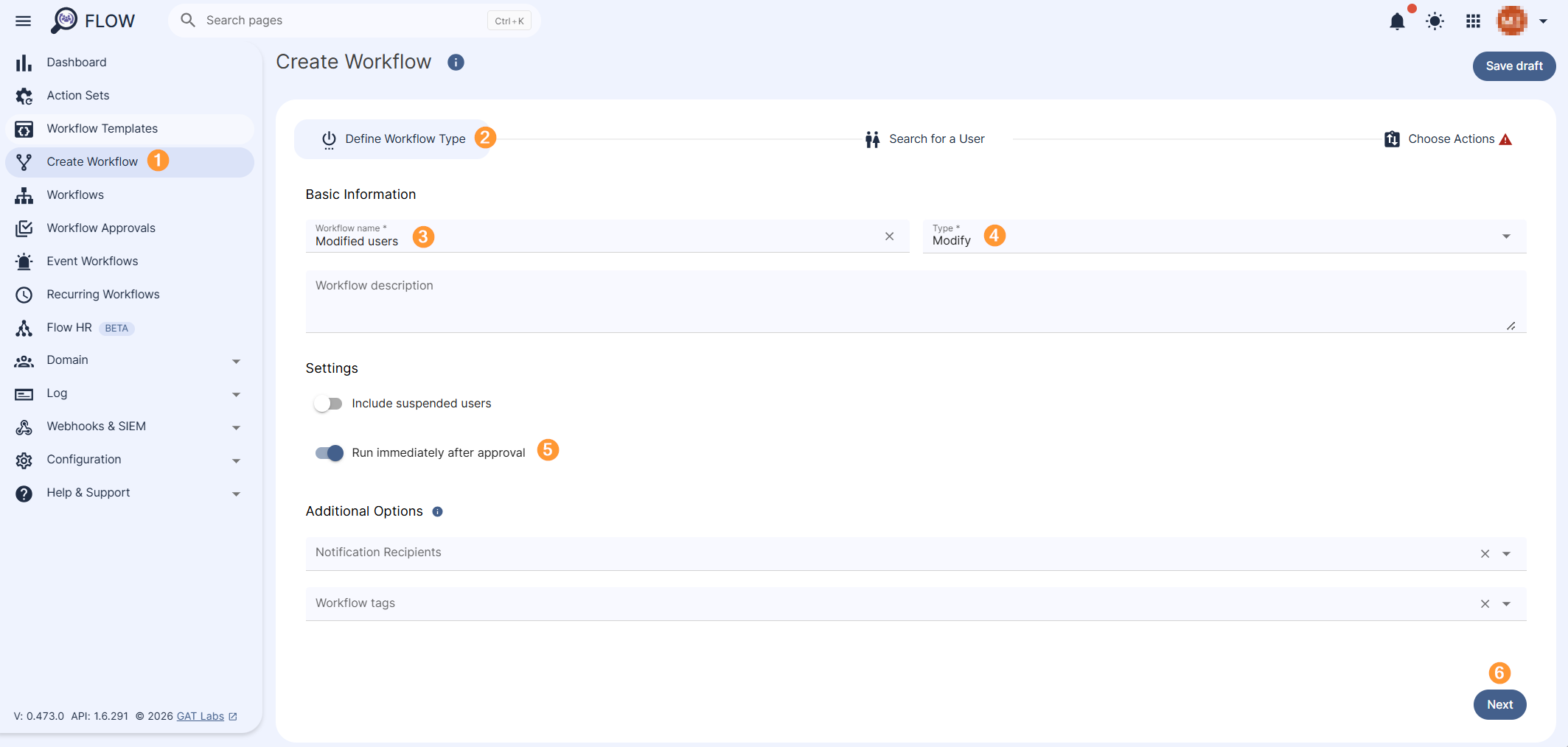 Create workflow section that allows defining the workflow type and starting the workflow configuration.