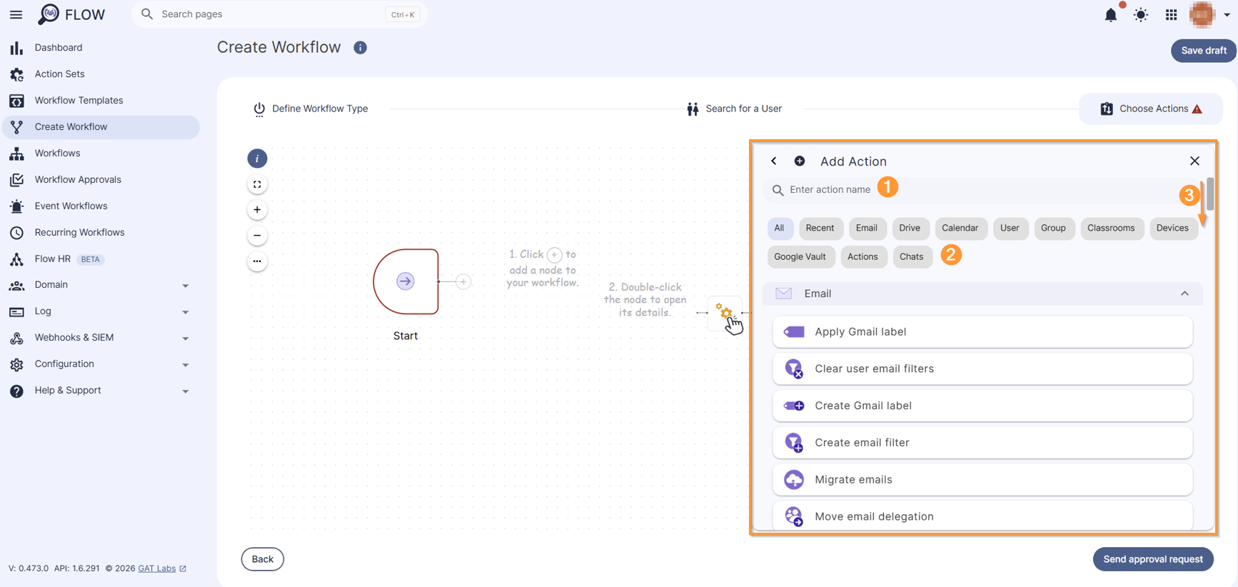 Image showing all available actions for modify workflow, which can be searched (1) and categorized (2) for faster searching. You can also scroll down the list of actions (3).