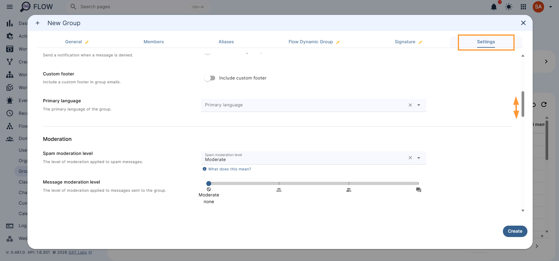 Group settings - open view, edit, and fill in the settings for the group
