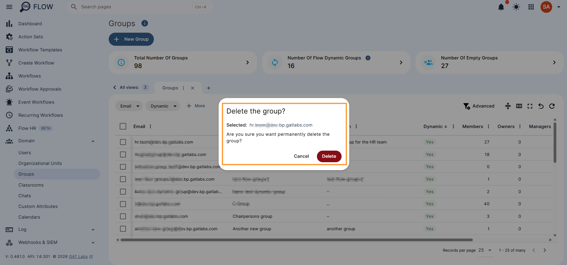 On the Group Page, select any group and click on the "bin icon" on the right side.
Confirmation will be needed; once confirmed, the group will be deleted.