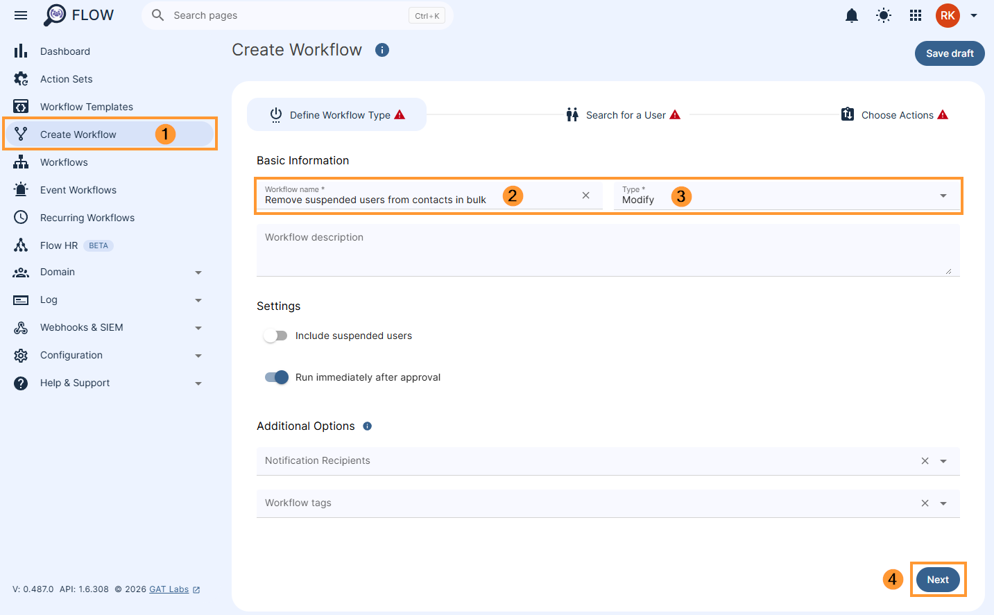 Create workflow screen in GAT Flow