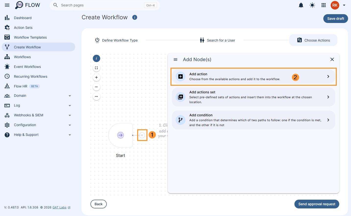 Adding actions in a GAT Flow workflow