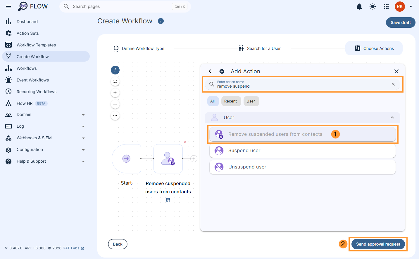 Adding the action 'Remove suspended users from contacts' into a workflow