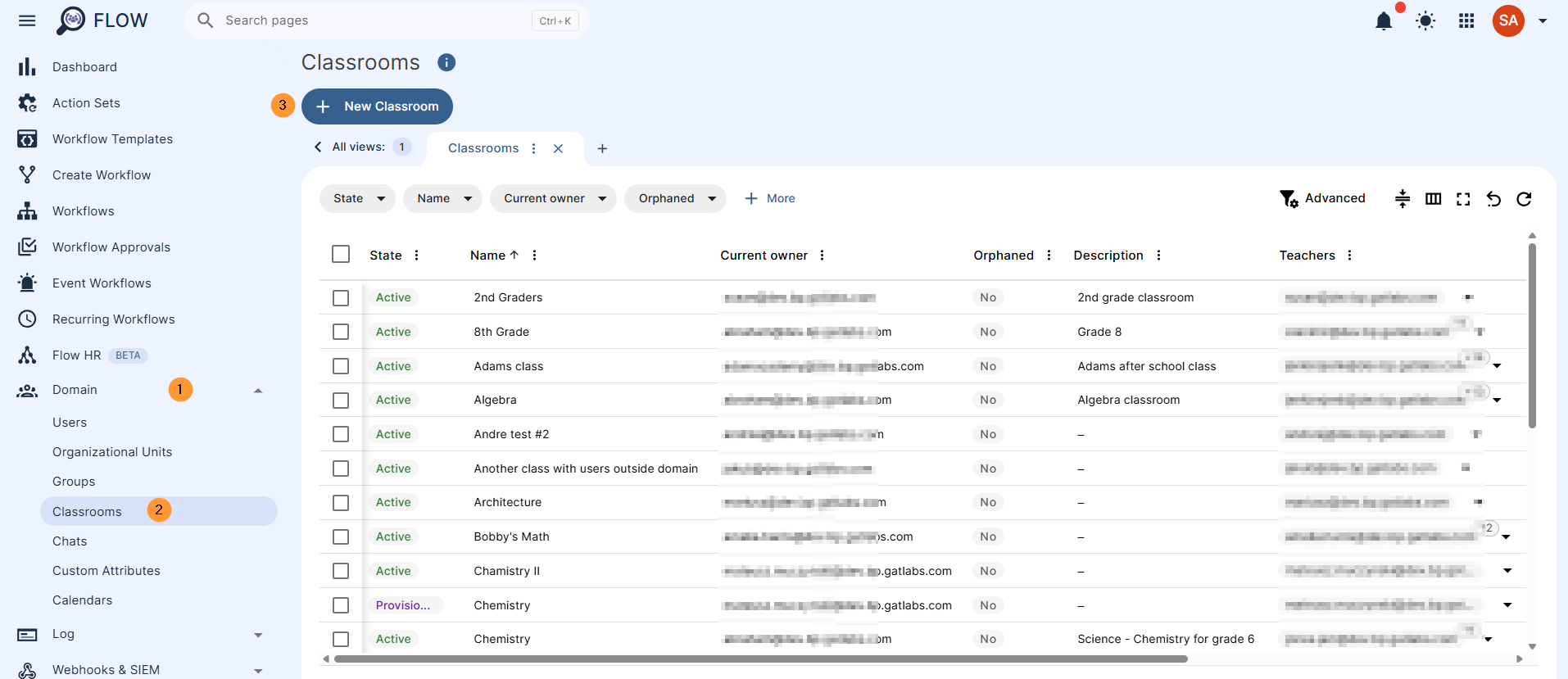 To add a new Classroom, navigate to GAT Flow -> Classrooms -> Create classroom View all the Google classrooms in the domain.