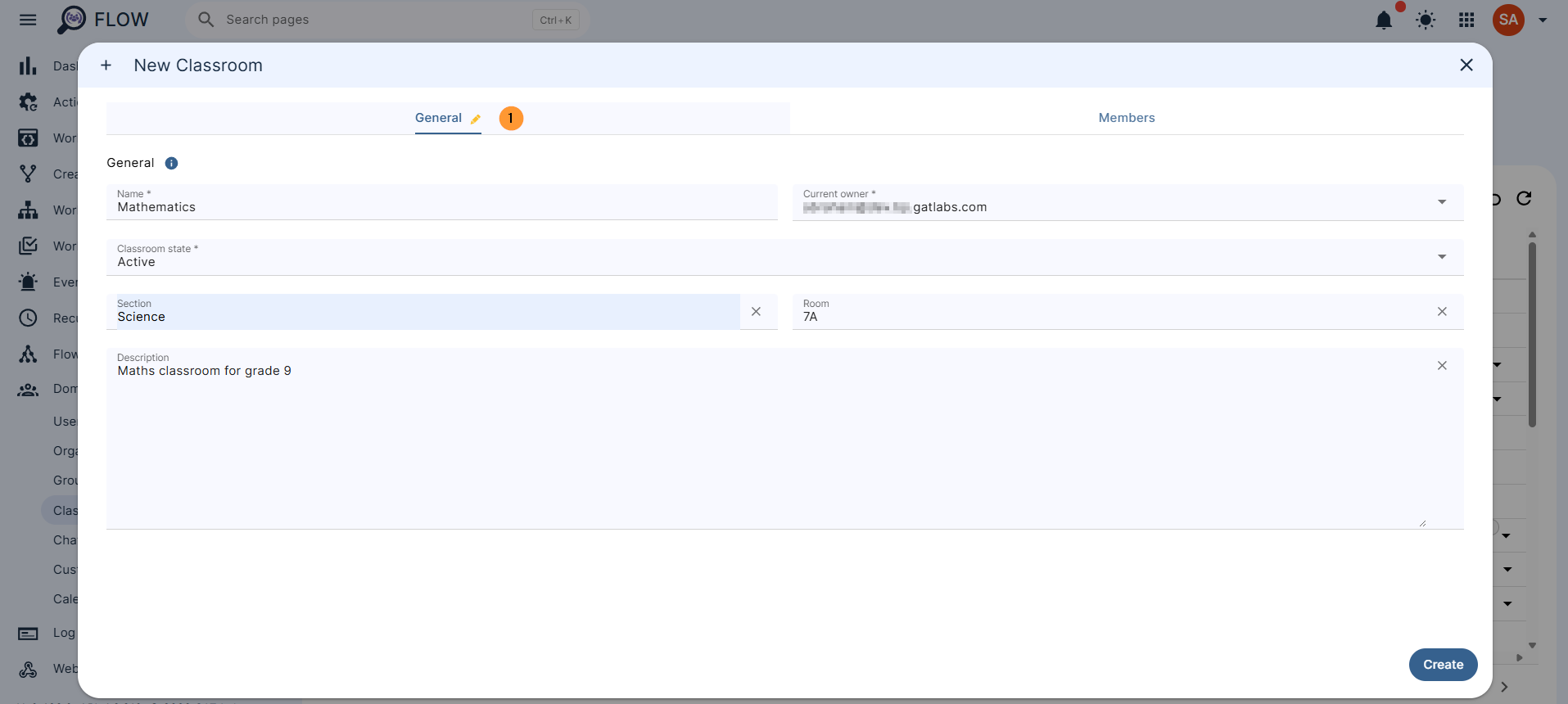 General - fill in the details for the classroom, such as Name - enter classroom name Current owner - enter owner  Classroom state - enter the classroom state Unspecified Active Archived Provisioned Declined Suspended Section - enter section name Room - enter room name Description - enter a description