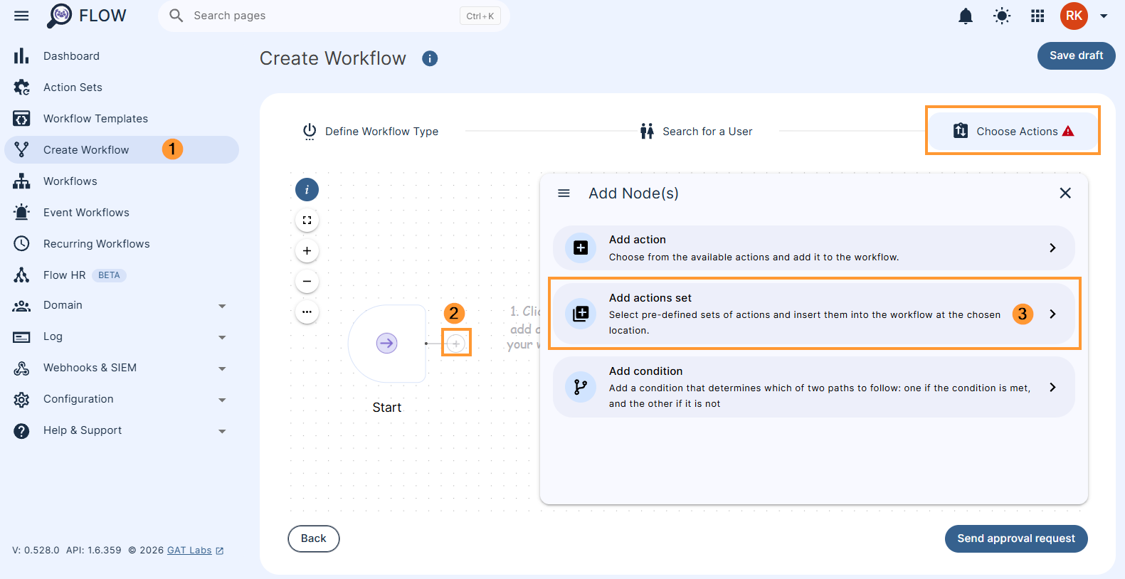 Choosing to 'Add actions set' to a workflow