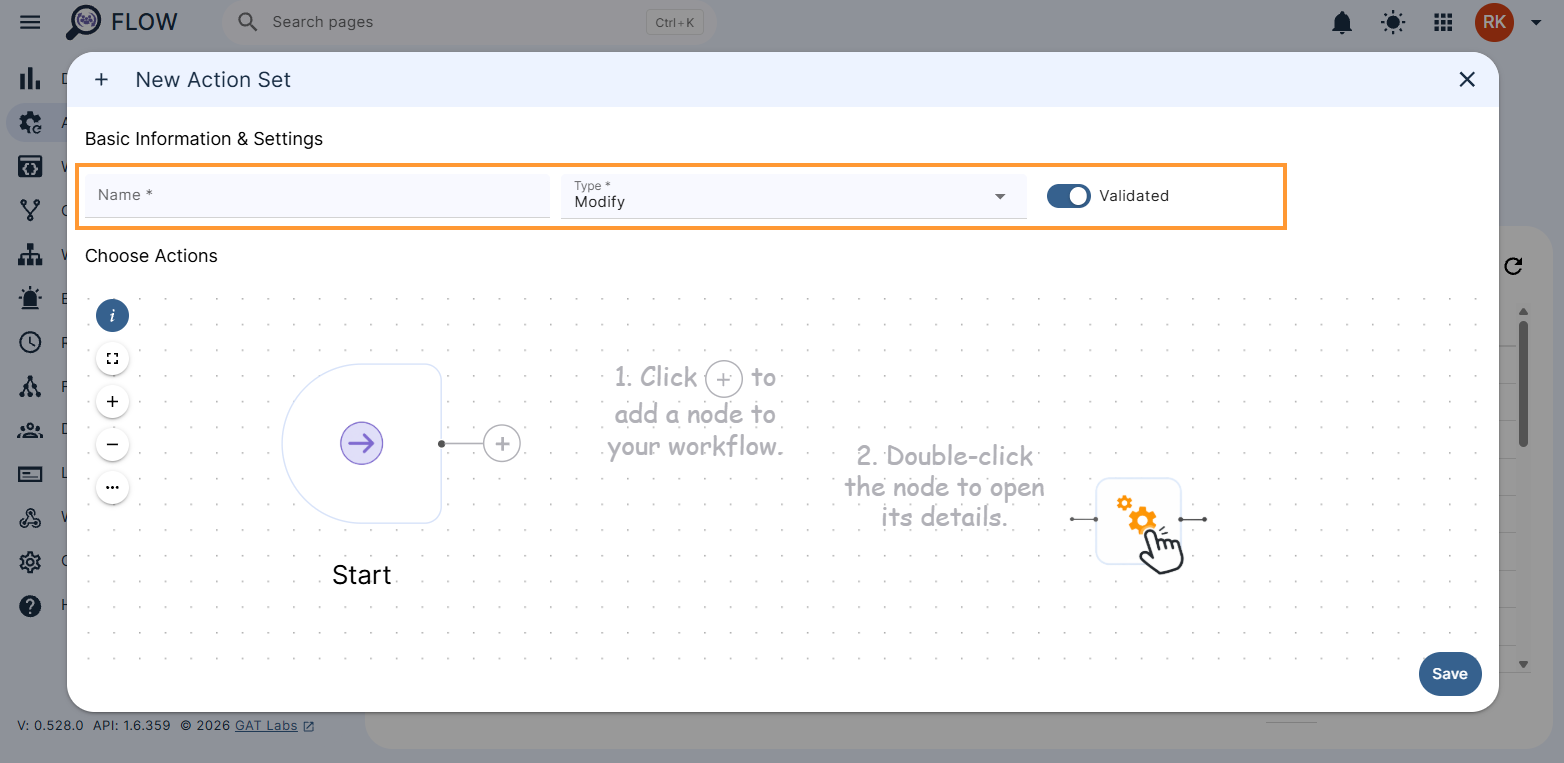 Creating a new action set in Flow