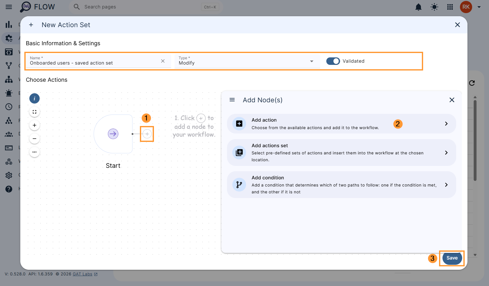 Adding actions to a new action set in Flow