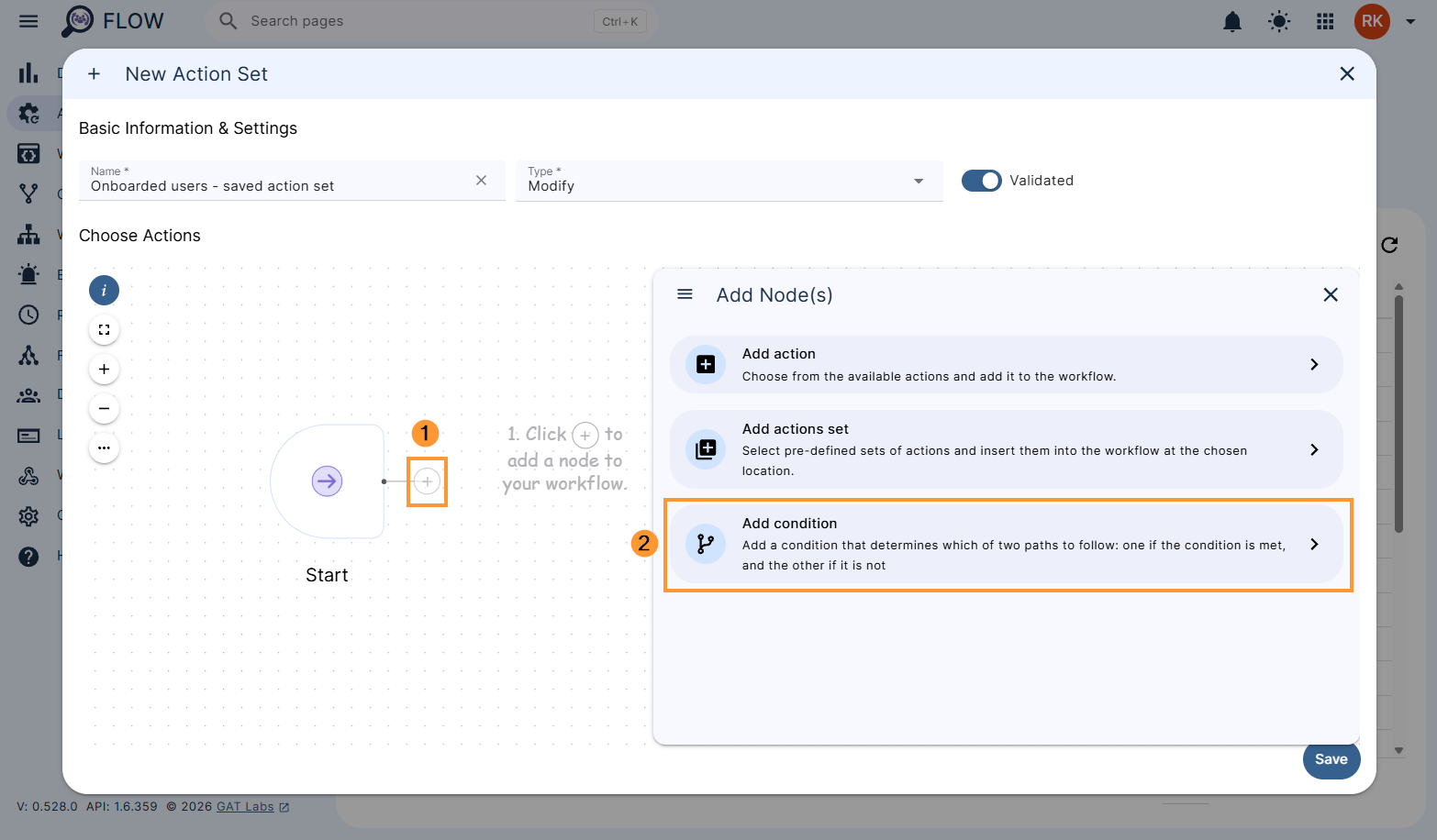 Adding a condition to a new action set in Flow