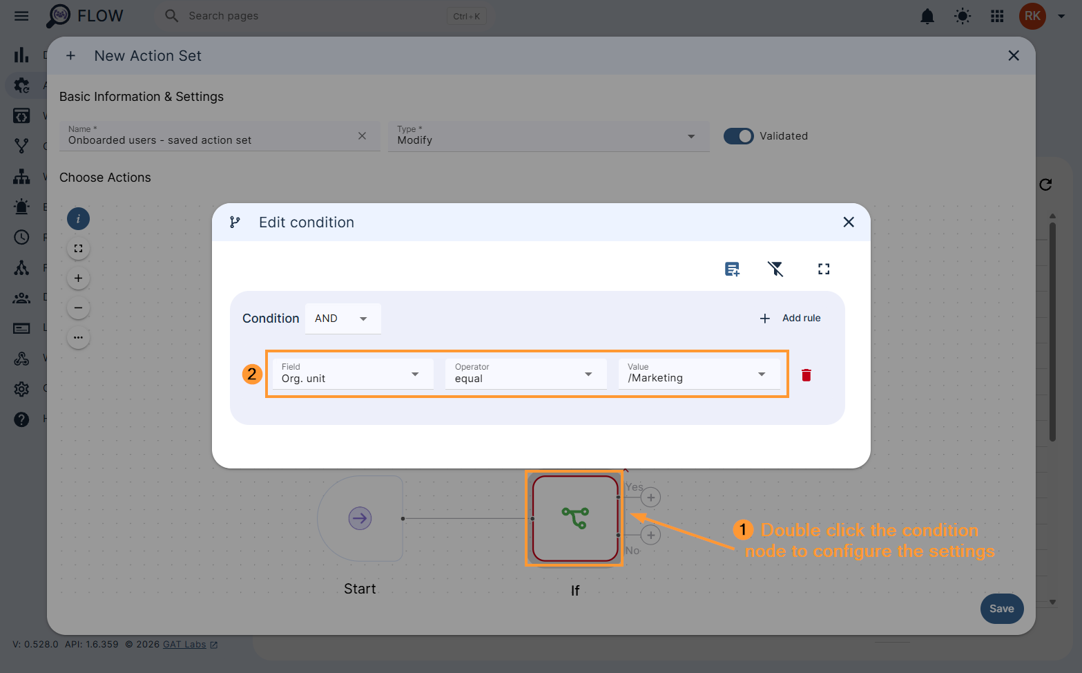Configuring the condition set in a new action set