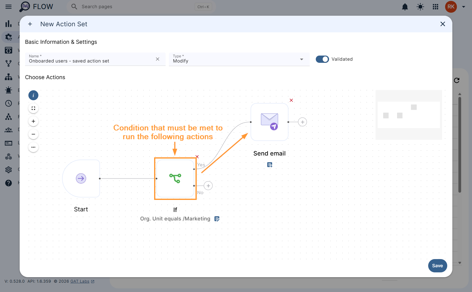 Configuring the condition set in a new action set