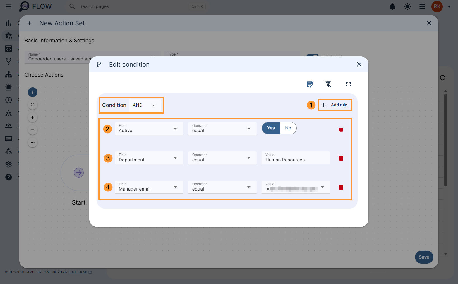Creating complex conditions in a new action set in Flow