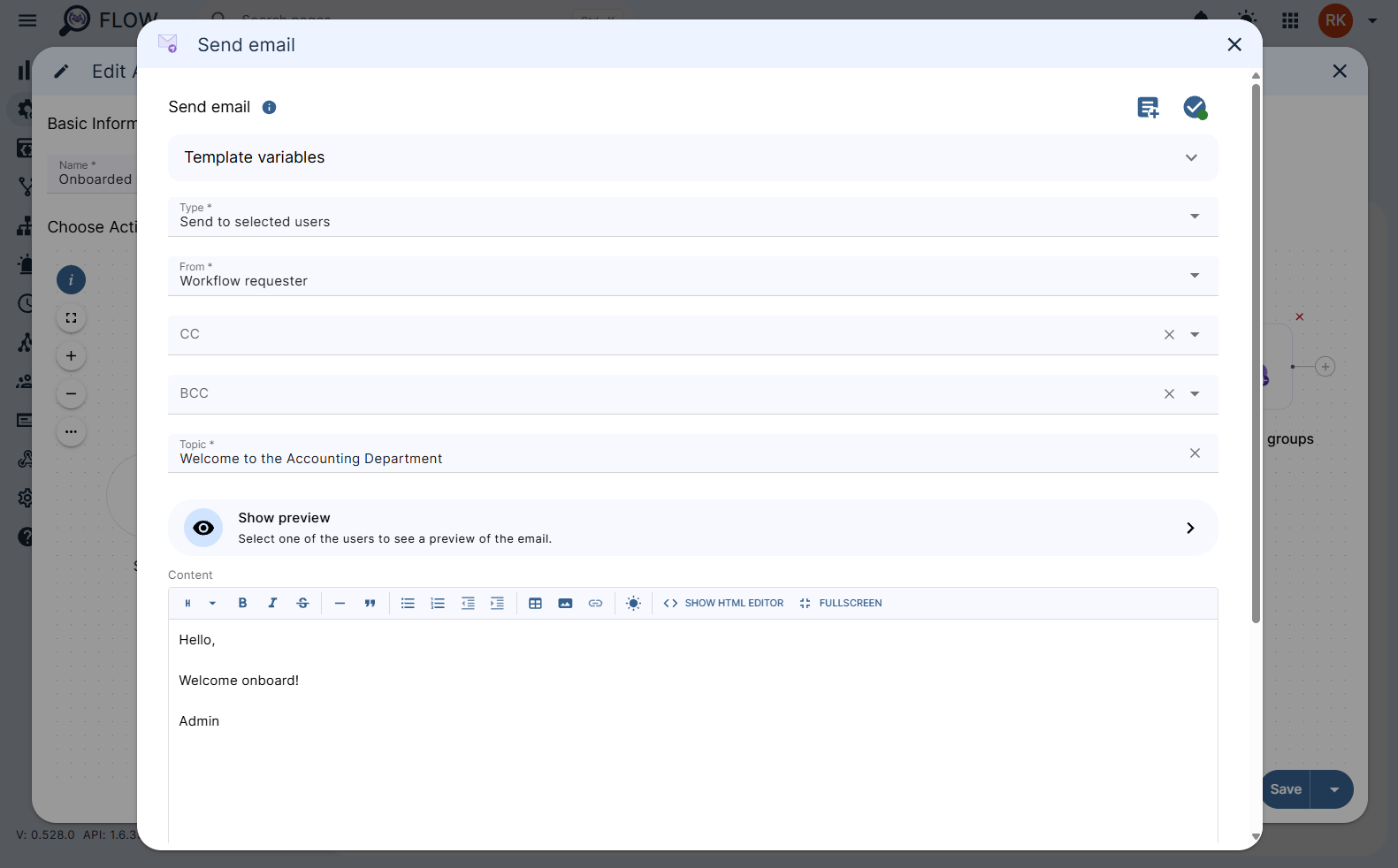 Send email action configuration in Flow