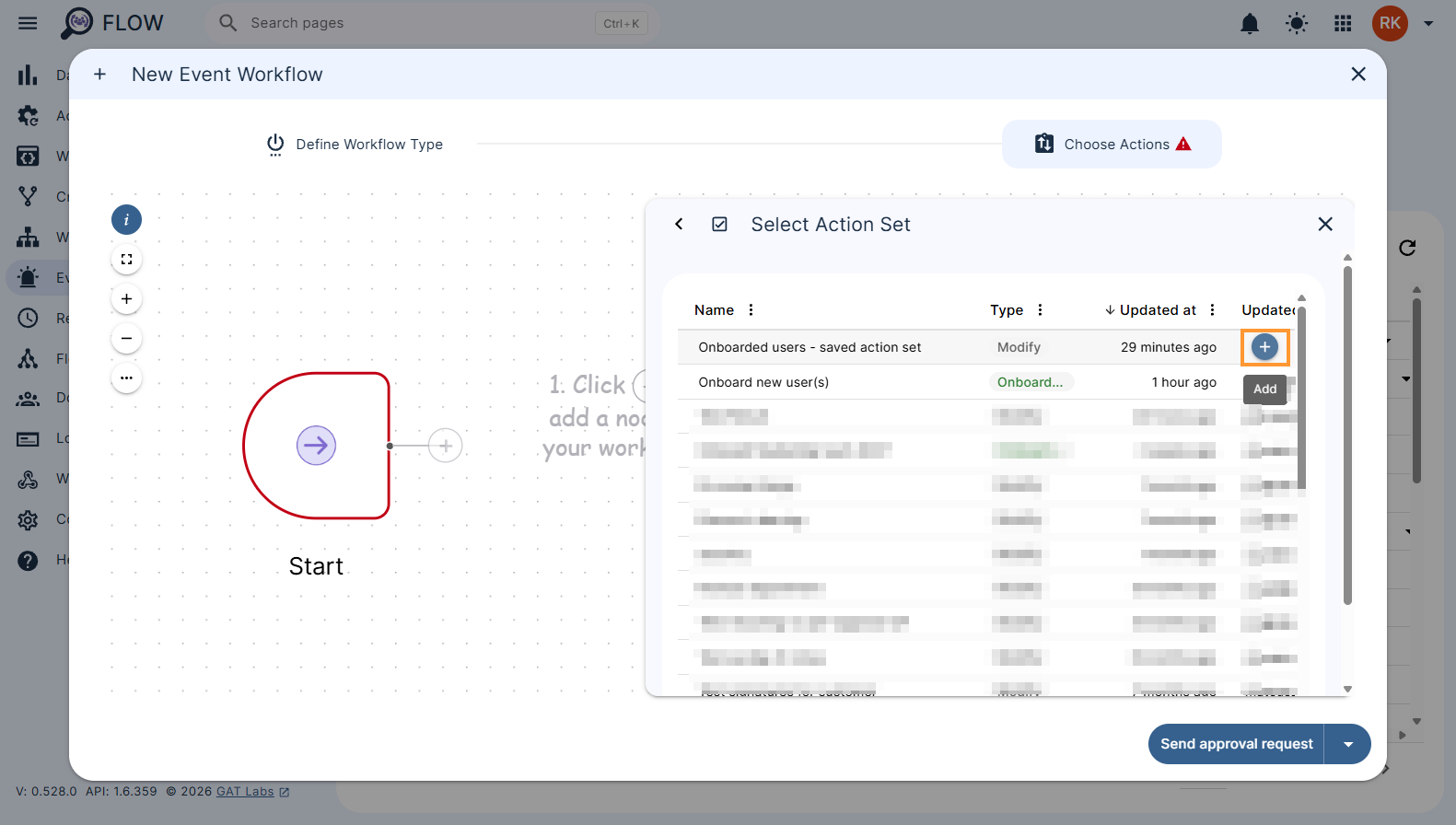 Selecting the action set to place into an event workflow
