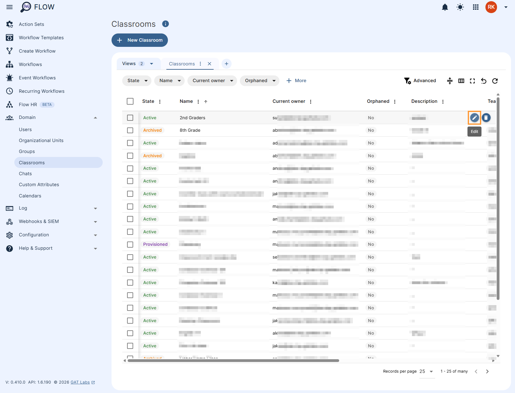 Edit icon in the classroom section of GAT Flow