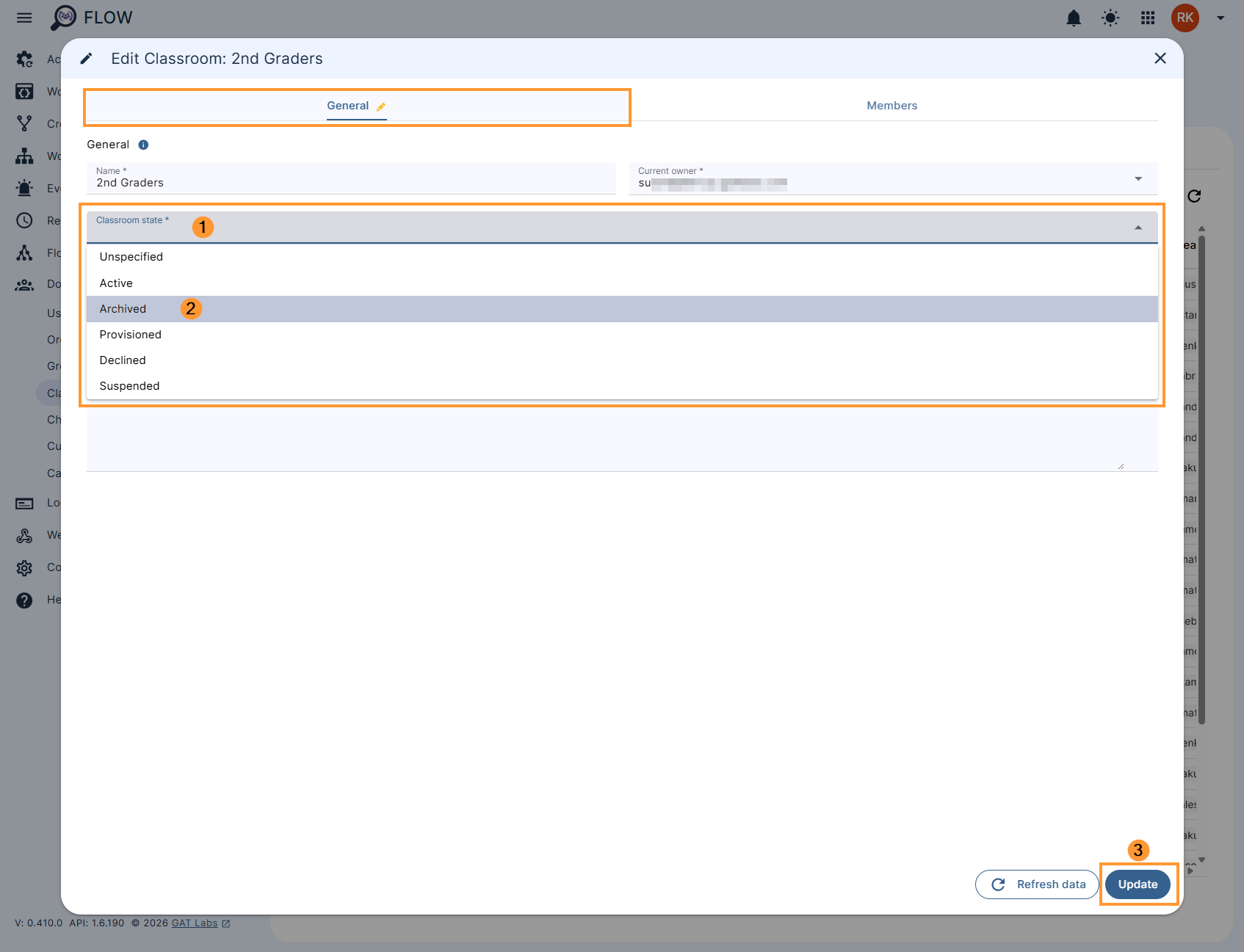 Updating a classroom state to archived in gat flow