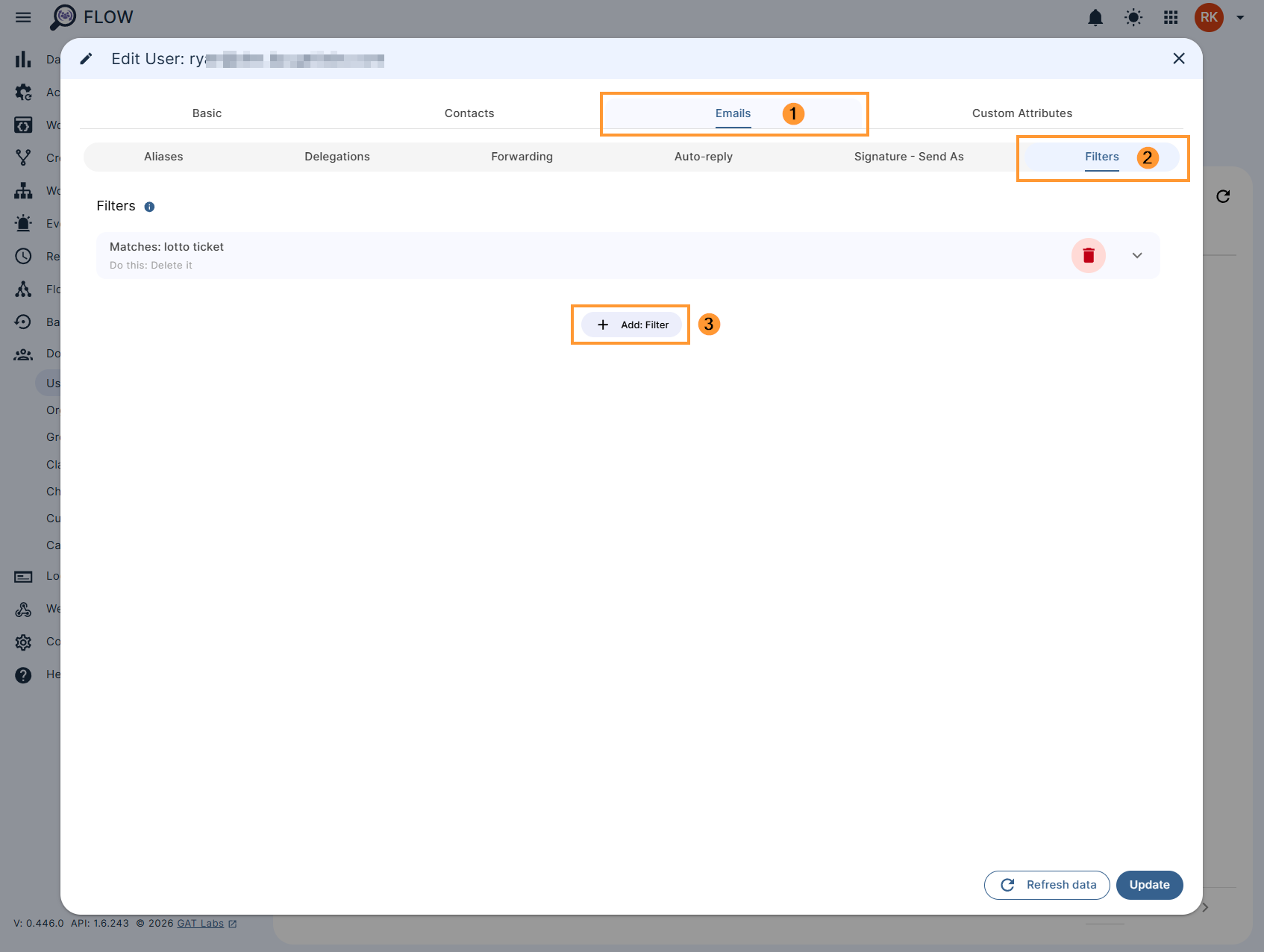 Editing a user's email filters in GAT Flow