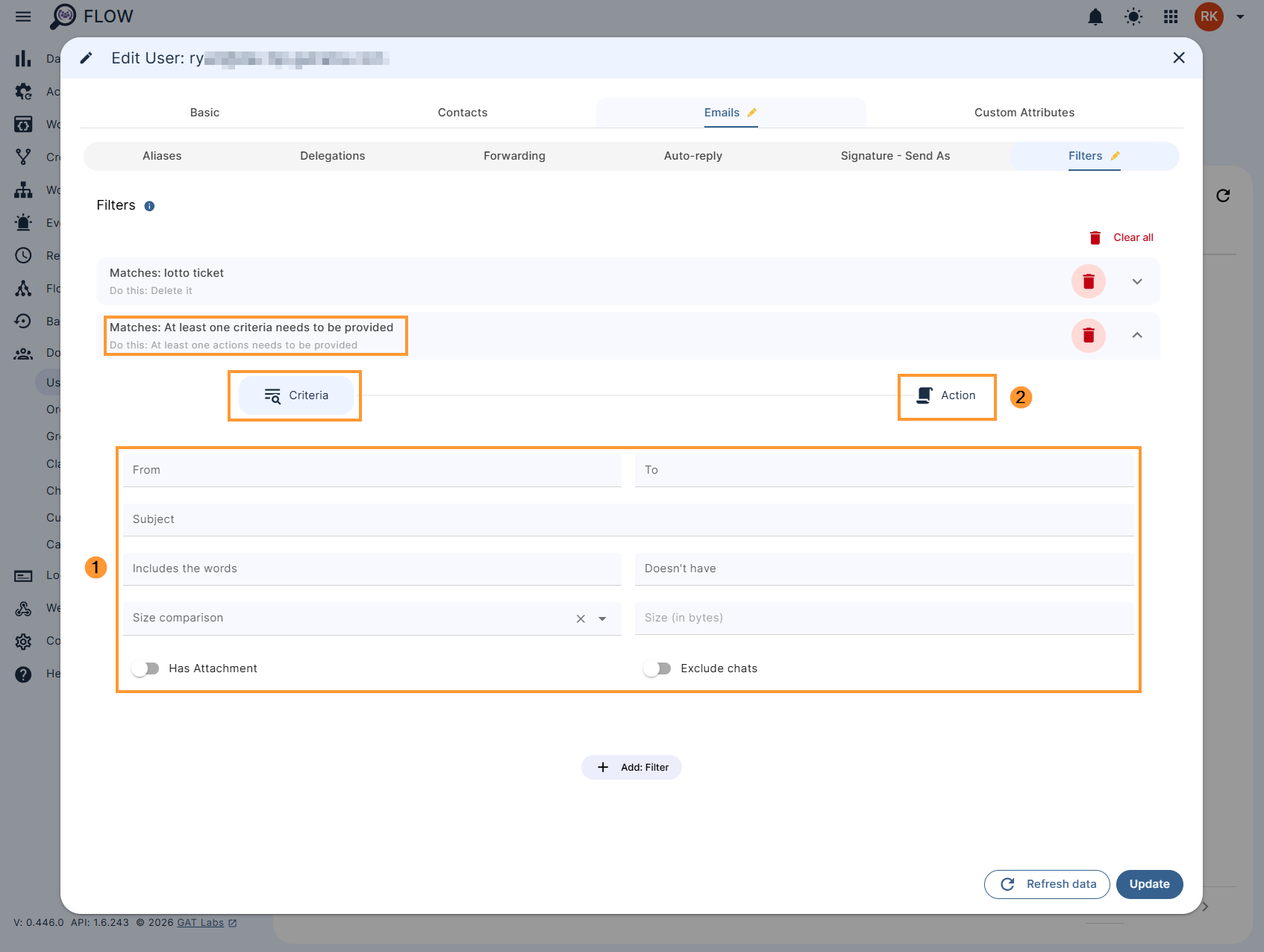 Adding email filtering criteria in GAT Flow