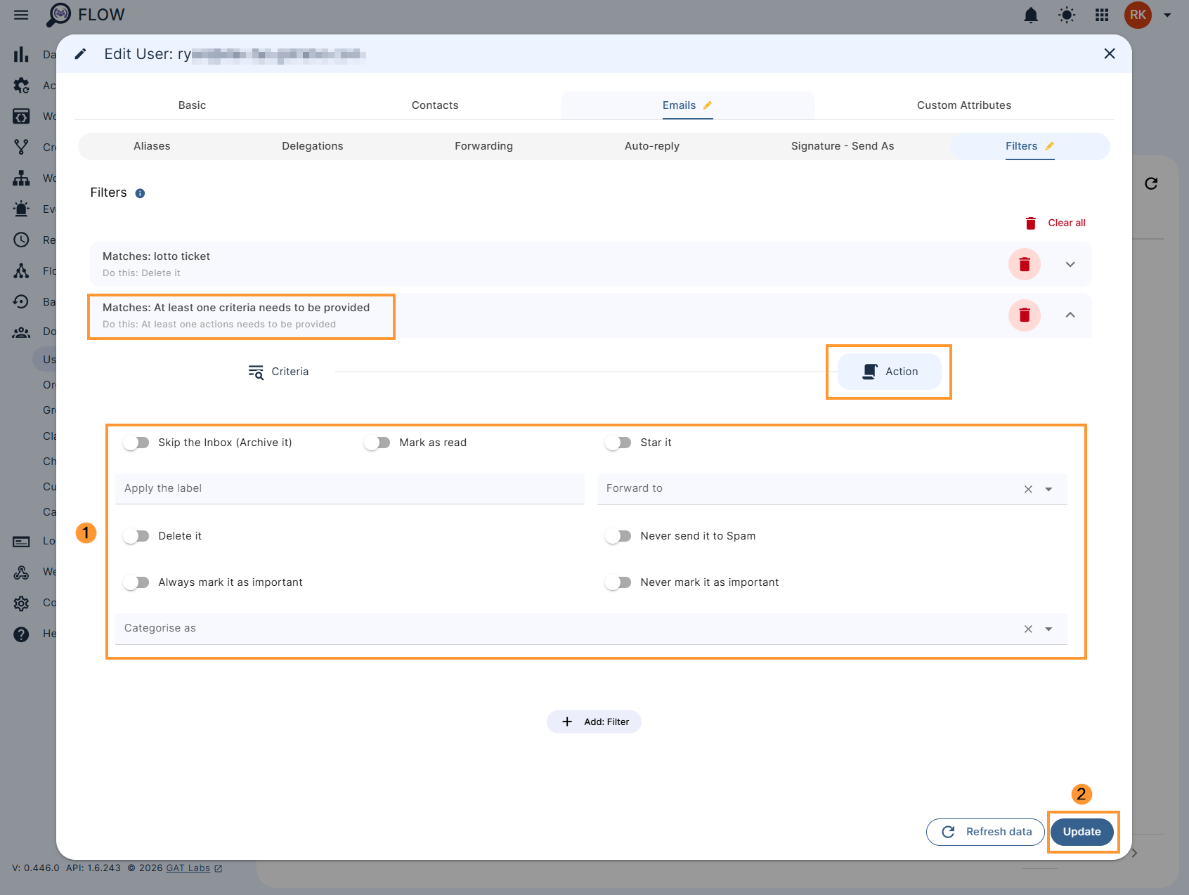 Adding email filtering actions in GAT Flow