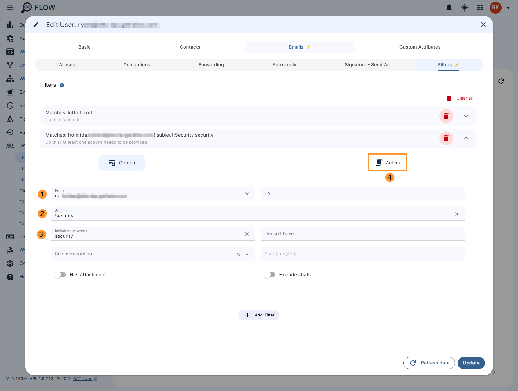 Editing the email filtering criteria in GAT Flow