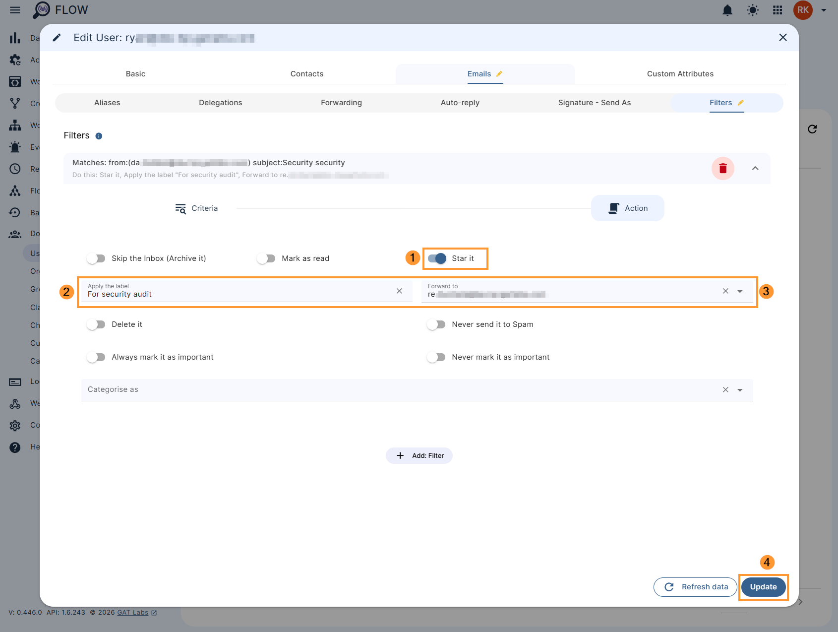 Editing the email filtering actions in GAT Flow