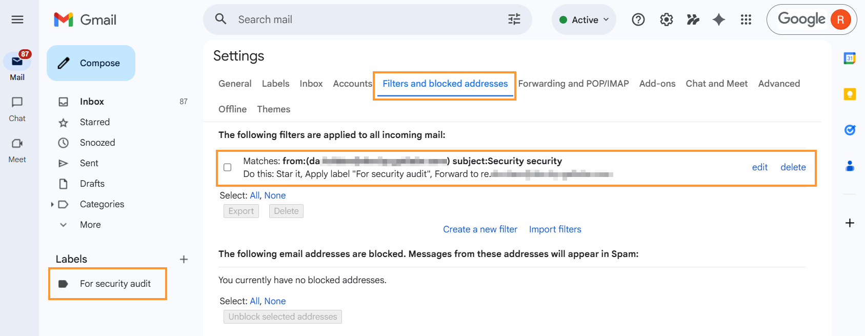 Email filtering applied in Gmail
