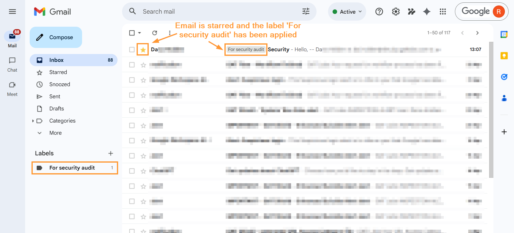 An email having label applied and starred in gmail.