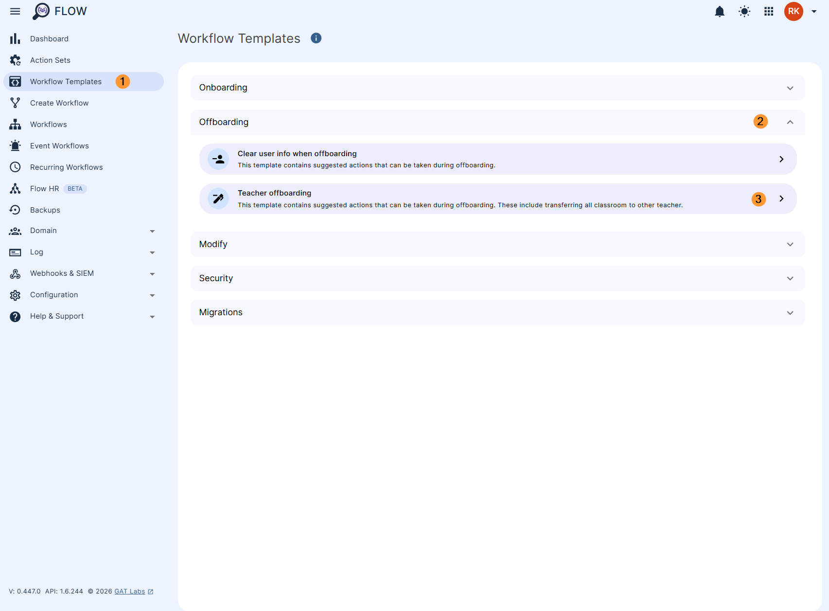 Workflow templates for offboarding in GAT Flow