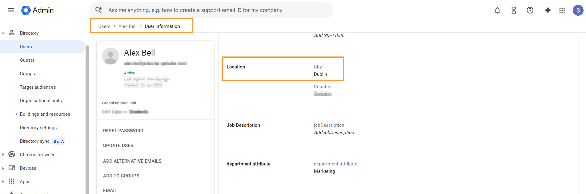 A Google Admin can view the updates in the Admin console under the User information section: